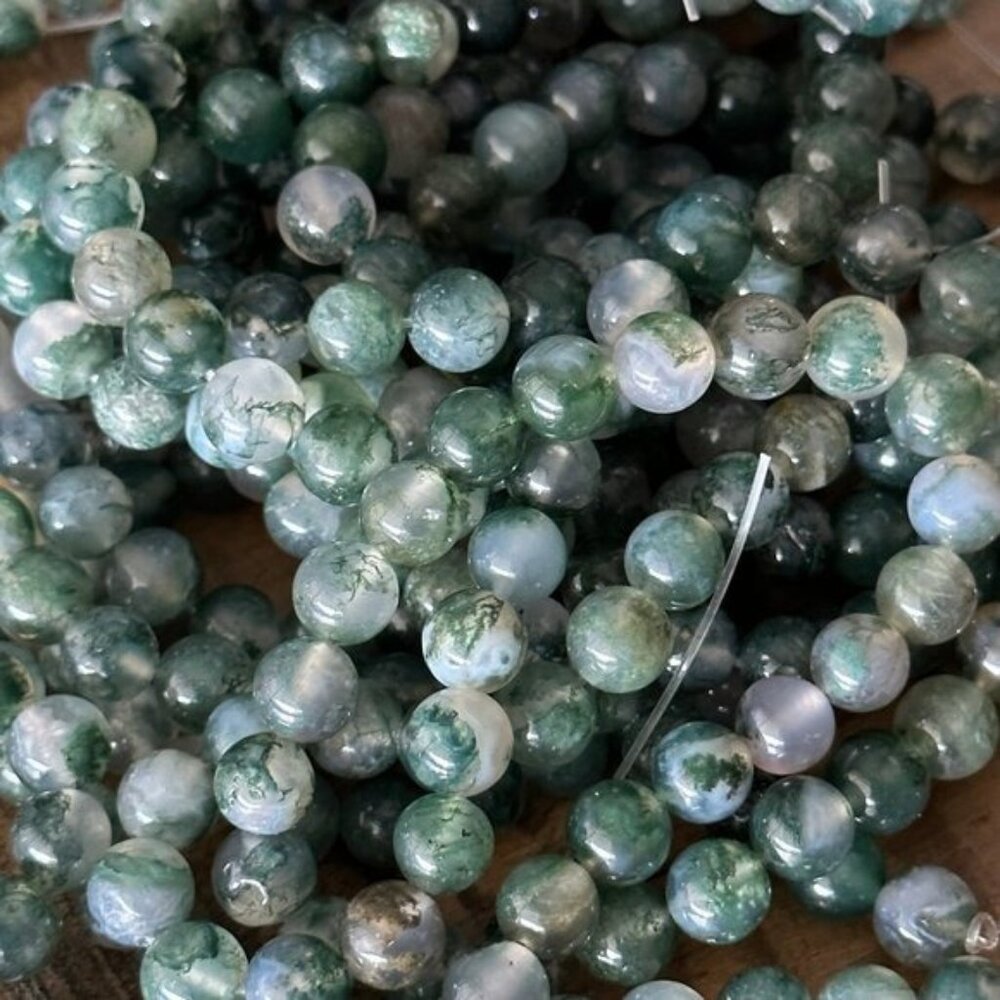 8mm Grade A Natural Moss Agate Bead Strand